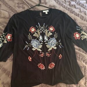 Charter Club Black Blouse with Floral Embroidery